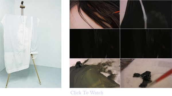 Portrait of Arleen Delima. Easel, sheet, oil on canvas, 13 minute video loop. Dimensions variable. 2009.